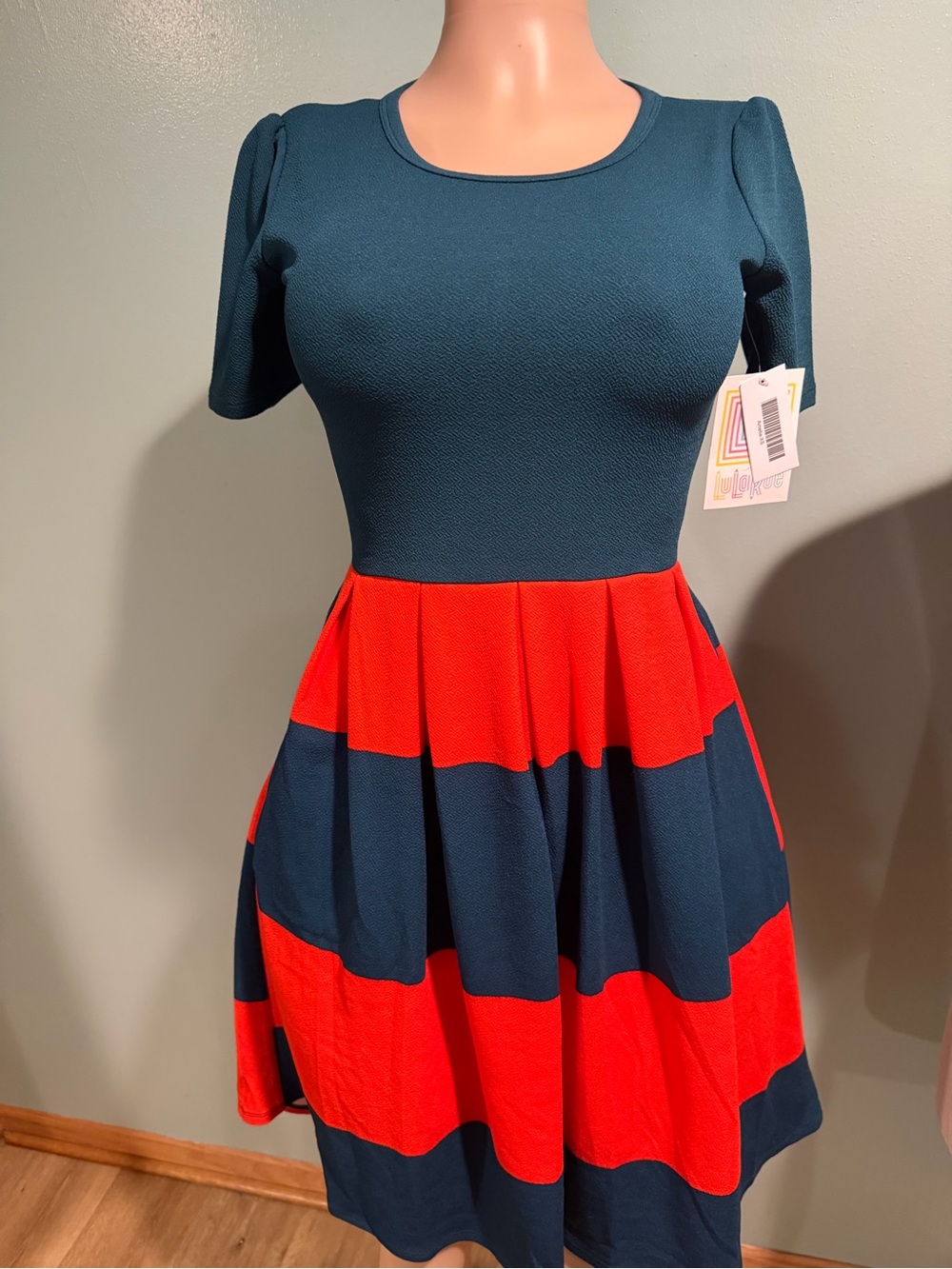 LuLaRoe Teal and Red Short Sleeve Fit-and-Flare Mini Dress
